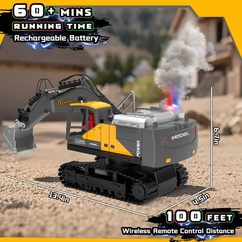 Miniatura 7 de Excavadora de juguete a control remoto para niños de 3 años, vehículo de construcción RC con aerosol, batería recargable/rotación de 680°, pala