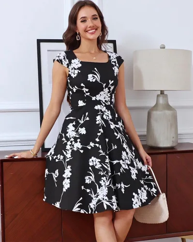 Miniatura 3 de PUKAVT - Vestido de cóctel para mujer, diseño con manga casquillo, vestido de fiesta de estilo retro acampanado de los años 1950, con bolsillos