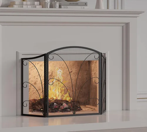 Miniatura 8 de Kingson - Pantalla para chimenea de 3 paneles con arco decorativo, hecha a mano, de hierro forjado con espiral, cubierta protectora contra chispas