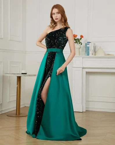 Miniatura 8 de Vestidos de fiesta de lentejuelas de un hombro 2024, vestidos largos de satén para mujer, vestidos de noche formales de sirena brillante con abertura