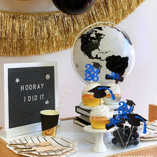 Miniatura 6 de Decoración para cupcakes de graduación con purpurina azul 2026, selecciones de alimentos/aperitivos, suministros de fiesta de graduación de 2026