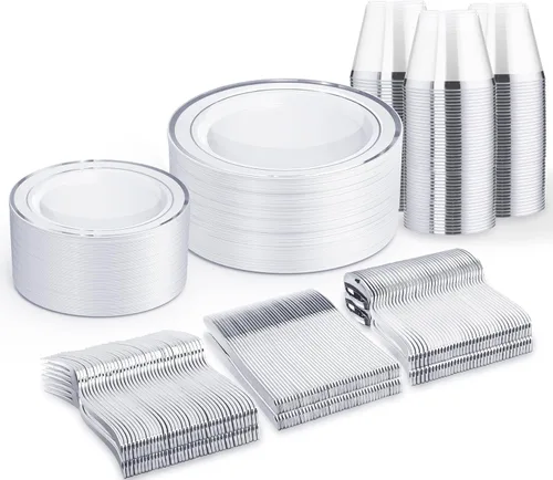 Miniatura 32 de WELLIFE Juego de vajilla desechable de 600 piezas color dorado y blanco para 100 invitados, platos de plástico blanco con borde dorado, platos