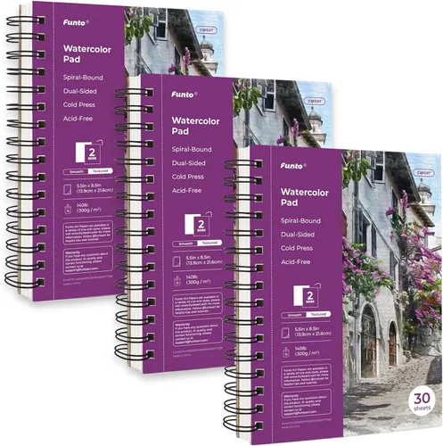 Funto Bloc de Papel para Acuarela 5.5x8.5, Paquete de 3, 90 Hojas, 140 lb/300 g/m², Doble Cara, Prensado en Frío, Encuadernado en Espiral, Papel