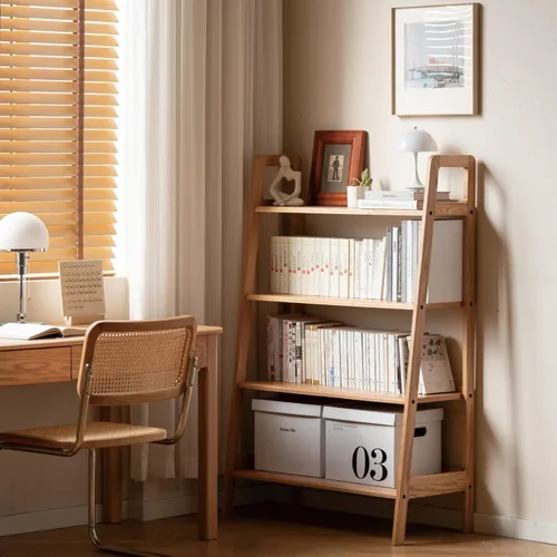 Miniatura 14 de Estante de Escalera 100% Roble Macizo con Gabinete, Mesita de Noche de 32.67" de Alto con Marco Estable para Dormitorio, Pequeña Estantería