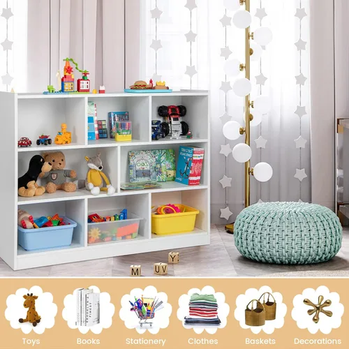 Miniatura 4 de KOTEK Organizador de almacenamiento de juguetes, estantería infantil de 8 cubos, estantería de madera de 4 niveles, estante abierto para guardería