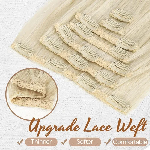 Miniatura 2 de KooKaStyle Extensiones de cabello con clip, extensiones de cabello grueso y largo y lacio, con trama de encaje suave, ligeras, 7 unidades, Rubio