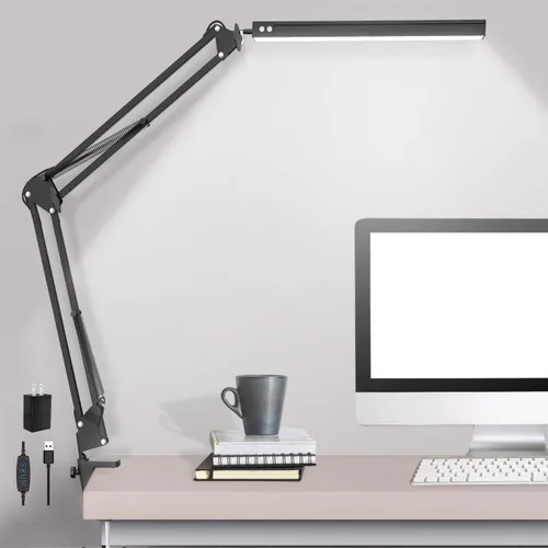 Lámpara de escritorio LED, lámpara de escritorio ajustable con brazo oscilante con abrazadera, luz de escritorio regulable para el cuidado de los