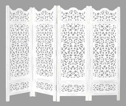Panel de pantalla de madera para divisor de habitación, color blanco antiguo, plegable de 4 paneles de 64 x 48 pulgadas, tallado a mano, separador