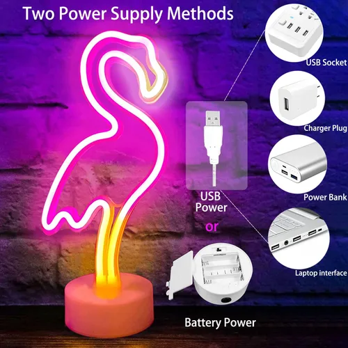 Miniatura 2 de YSMNDE Letrero de neón de flamenco, letrero de luz LED rosa para decoración de habitación de niñas, luces nocturnas de funcionamiento USB/batería