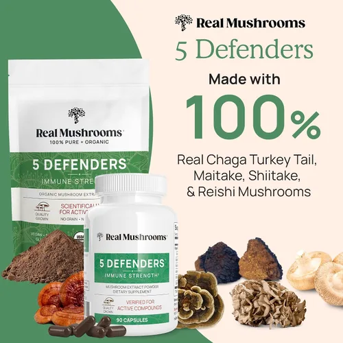 Miniatura 6 de Real Mushrooms RealBoost (60 ct), 5 defensores (90 unidades) y polvo de hongos de cola de pavo y cápsulas – Suplemento de hongos para energía