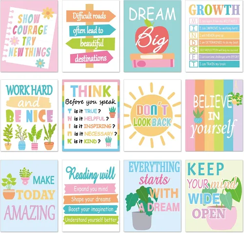 12 pósteres motivacionales para el aula, mentalidad de crecimiento, arte de pared educativo para profesores, decoración de tablero de anuncios