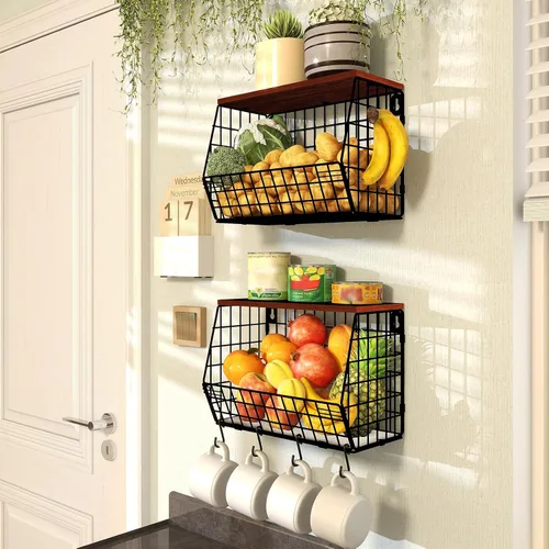 Miniatura 5 de Mefirt 2 cestas de frutas para almacenamiento de cocina con tapa de madera, cesta de pared apilable para cocina, organizador de encimera para Marrón