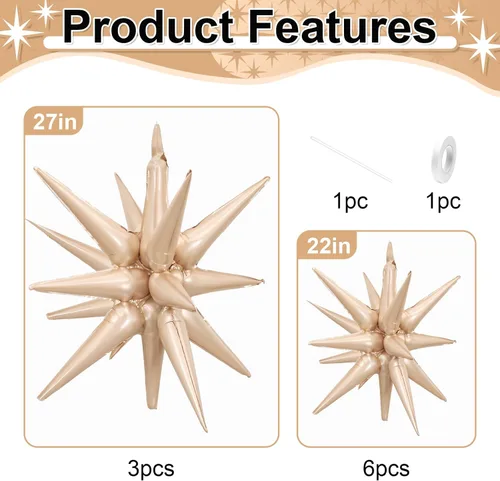 Miniatura 2 de 9 piezas de globos de estrella beige, grandes globos de papel de aluminio en forma de estrella en explosión, globos de Mylar en punta color crema