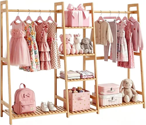 BAMBOOHOMIE Perchero de ropa para niños con estantes, perchero de ropa de bambú para niños, niños y bebés, perchero de almacenamiento para vestirse