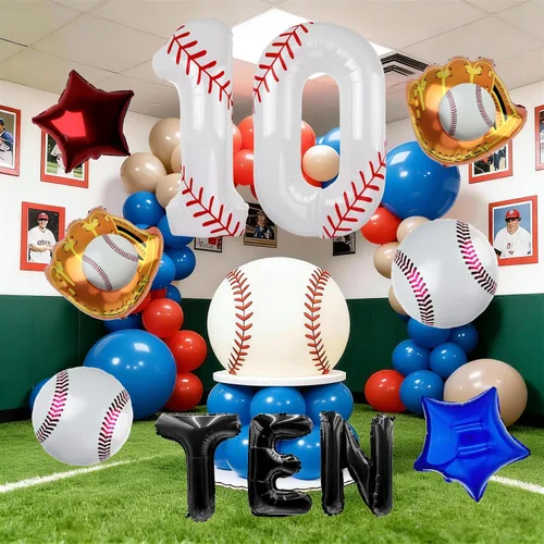 Miniatura 7 de Juego de globos de béisbol de 40 pulgadas, decoraciones de fiesta de cumpleaños número 10 para niños, globo de béisbol número 10 para suministros