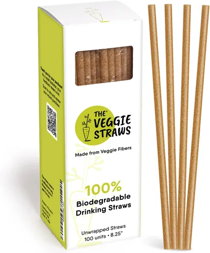 The Veggie Straws – 100 popotes biodegradables sin envolver de 8.25 pulgadas – Hecho de fibras vegetales, las mejores pajitas ecológicas para