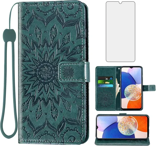 Miniatura 10 de Asuwish Funda de teléfono para Samsung Galaxy A14 5G con protector de pantalla de vidrio templado y funda delgada de piel de girasol, soporte