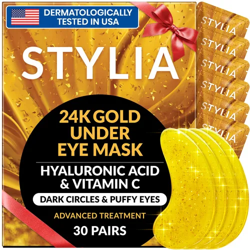 Miniatura 13 de Stylia Parches para usar debajo de los ojos para ojos hinchados y ojeras (20 pares) – Mascarilla de oro de 24 quilates para usar debajo de los ojos