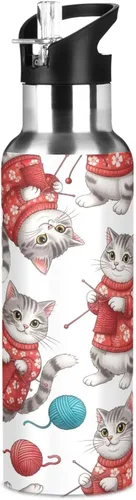 Miniatura 8 de Gray White Cats Red Floral Insulated Stainless Steel Water Bottle with Straw 20 Oz, BPA-Free Sports Water Bottle with Straw Leakproof Water Bottles