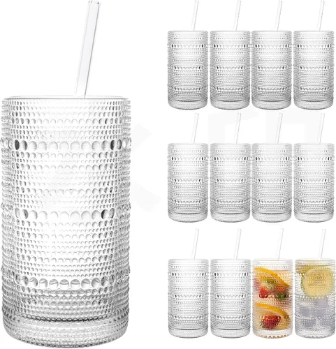 Dingerjar Juego de vasos de gran capacidad mejorado de 16 oz/480 ml, vasos hobnail, juego de 12 - Cristalería vintage pesada