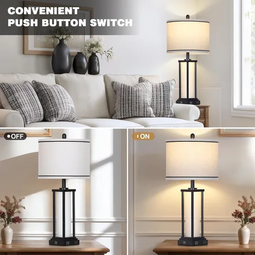 Miniatura 5 de 27in Tall Farmhouse Table Lamp with USB C+A & Outlet,Black Industrial End Table Lamp for Living Room,Vintage Rustic Bedside Lamp with Night Light
