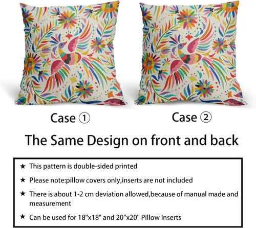Miniatura 6 de Juego de 2 fundas de almohada con estampado floral mexicano de 18 x 18 pulgadas, diseño étnico colorido de pájaros y flores de cachemira, fundas