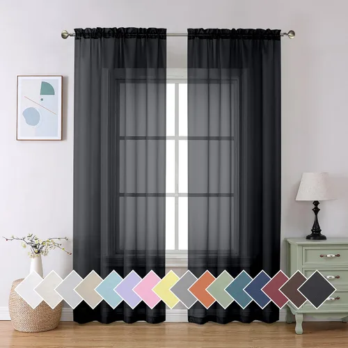 Miniatura 12 de Aiyufeng 2 paneles de cenefa transparente negra de 14 pulgadas de largo, cortinas cortas negras transparentes para dormitorio, cortinas de cocina