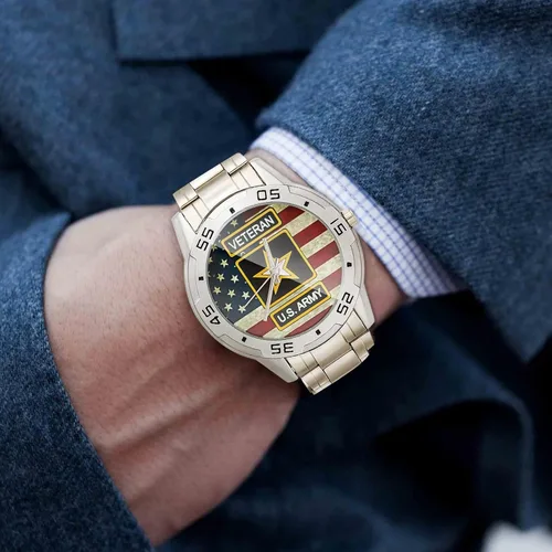 Miniatura 3 de Reloj analógico de acero inoxidable para hombre diseño especial militar veterano y bandera estadounidense diseño personalizado con caja de metal