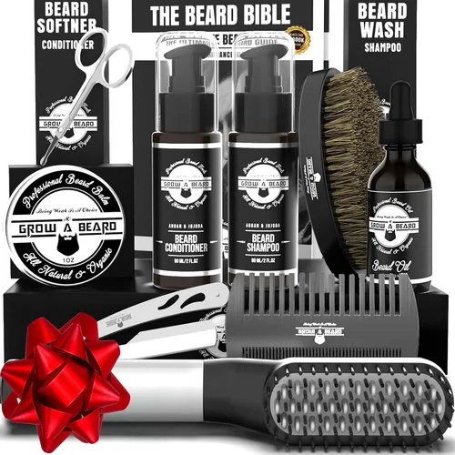 Kit de aseo alisador de barba para hombres, kit de crecimiento de barba, lavado, cepillo y peine, aceite de crecimiento sin perfume, bálsamo de Negro
