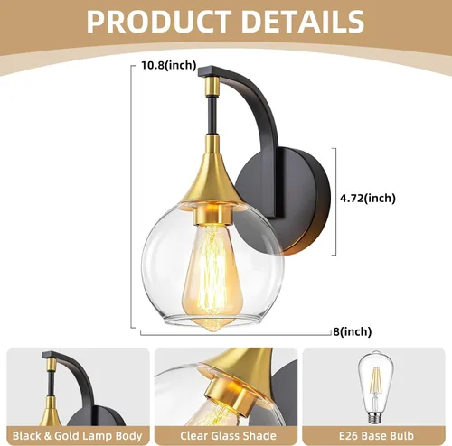 Miniatura 3 de Lámpara de pared de baño de 1 luz, lámpara de pared negra y dorada con pantalla de vidrio transparente, lámpara de pared moderna para interiores