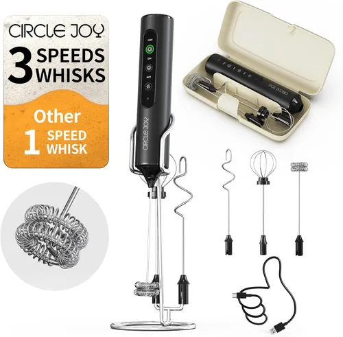 Miniatura 8 de CIRCLE JOY Varita espumadora de leche recargable de mano con 3 velocidades variables, 3 batidores y caja de almacenamiento, mezclador eléctrico