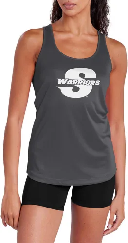 Miniatura 457 de Camiseta deportiva sin mangas oficial de la NCAA Collegiate para mujer, con espalda cruzada, logotipo primario, colección carbón