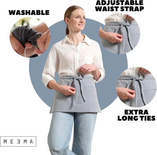 Miniatura 5 de MEEMA Delantal de cintura de chef de tela de algodón, lavable y transpirable, medio delantal para mujer con bolsillos y correas largas