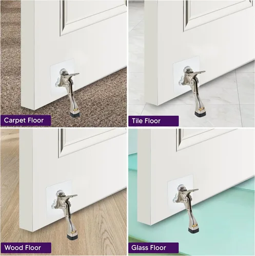 Miniatura 5 de HOME&I Tope de puerta abatible de 4 pulgadas con placa de montaje autoadhesiva grande, tope de puerta ajustable resistente, soporte de puerta Níquel