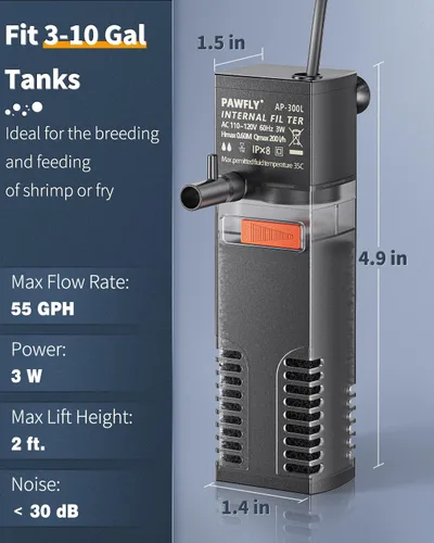 Miniatura 2 de Pawfly Filtro Interno de Acuario, Filtro de Potencia Sumergible con Bomba de Agua de 55 GPH para Filtración, Circulación y Oxigenación de Tanques