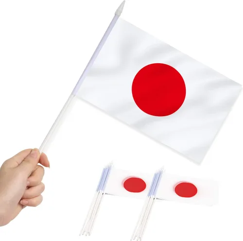 Anley Paquete de 12 mini banderas de Japón – Pequeñas banderas Janpanese en miniatura de mano – Resistente a la decoloración y colores vivos – 5 x 8