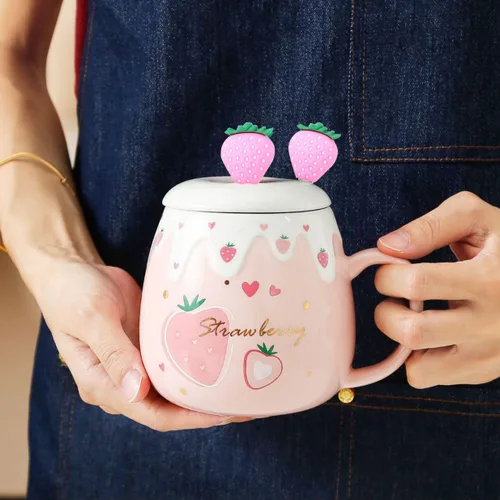 Miniatura 3 de Taza rosa, lindas tazas de fresa con cuchara coladora de tapa, regalos para mujeres, tazas de café de cerámica, taza de té Kawaii de 15 onzas