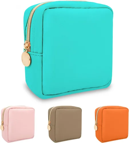Miniatura 33 de izuzta Bolsa de maquillaje pequeña de nylon para bolso, linda bolsa de cosméticos con cremallera, bolsa de maquillaje preppy, Azul, Mini 2-Azul
