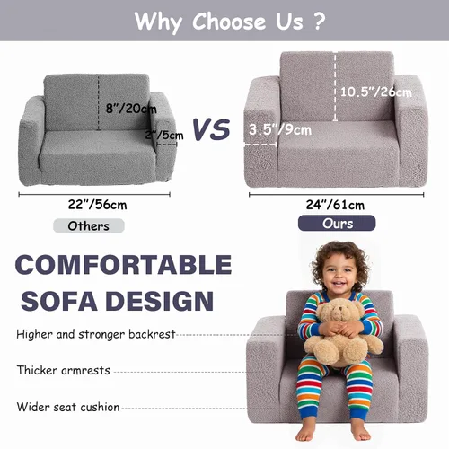 Miniatura 6 de Tiita Sofá para niños, sofá infantil 2 en 1, sofá convertible para niños, sofá convertible para niños, sofá plegable para niños o niñas (gris)