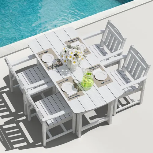 Miniatura 23 de Juego de comedor de patio al aire libre de HDPE con mesa y 6 sillas, juego de mesa y sillas de 7 piezas para todo clima, agujero para sombrilla de 2