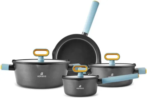KARACA Juego de utensilios de cocina de cerámica de lujo, color negro, juego de ollas y sartenes antiadherentes con tapa, superficie de cristal