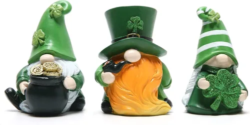 Miniatura 9 de Hodao Figura de gnomo del día de San Patricio, decoración festiva irlandesa, escultura de resina con maceta de oro, 5.2 pulgadas de alto
