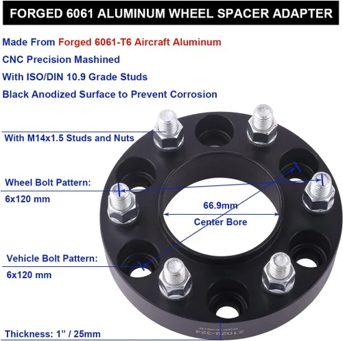 Miniatura 5 de Espaciadores de rueda centrales negros de 1 pulgada 14x1.5 de 1 pulgada compatibles con Chevy GMC-Cadillac 6 Lug para Colorado 2015-2023, Traverse