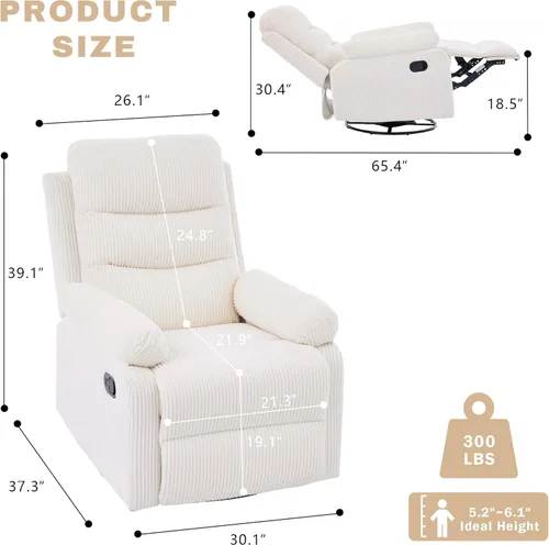 Miniatura 2 de Silla reclinable mecedora, moderna silla reclinable giratoria, sillón reclinable de tela de pana, sillón reclinable manual para sala de estar, Beige