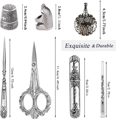 Miniatura 3 de Kit de tijeras de bordado vintage, regalo de Navidad para profesionales de costura, kit de costura antiguo europeo, herramientas de costura Plata
