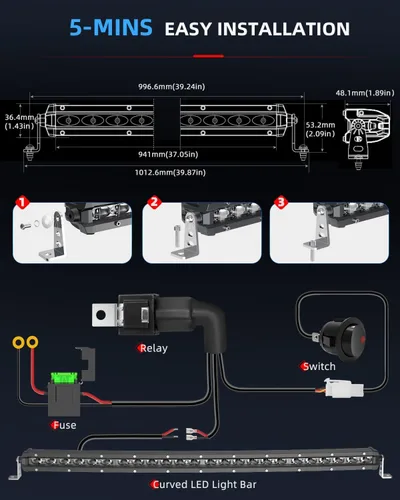 Miniatura 6 de BraveWAY Barra de Luz LED Curva de 38 Pulgadas, Fila Única, para Iluminación Todo Terreno, Luz de Conducción, Combo de Haz Focal y de Amplio Rango
