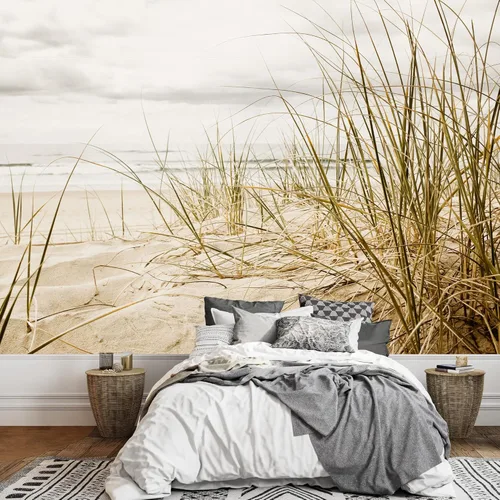 wall26 - Primer plano de una hierba alta en una playa durante la temporada de tormentas - Mural de pared extraíble | Papel pintado autoadhesivo Obra