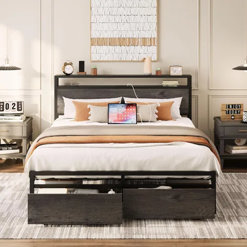 LIKIMIO Base de cama Queen con cabecera de almacenamiento, cama de plataforma con cajones y estación de carga, no necesita somier, fácil montaje,