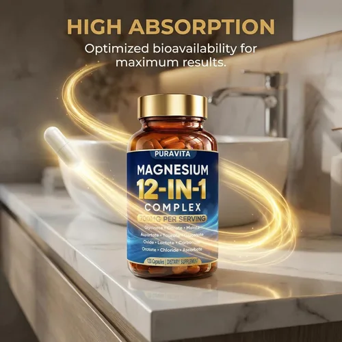 Miniatura 8 de Puravita Cápsulas complejas de magnesio 12 en 1, mezcla de alta absorción de 700 mg con glicinato, citrato, malato, óxido y taurato. Apoya