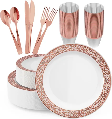 Juego de vajilla de oro rosa de 150 unidades, elegante desechable incluye: 25 platos de plástico de encaje dorado, 25 platos de postre, 25